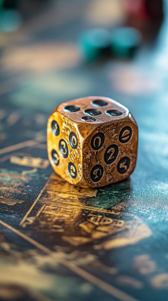 unique golden dice resting on a vintage board game with intricate details and rich colors unique golden dice resting on a vintage board game with intricate details and rich colors